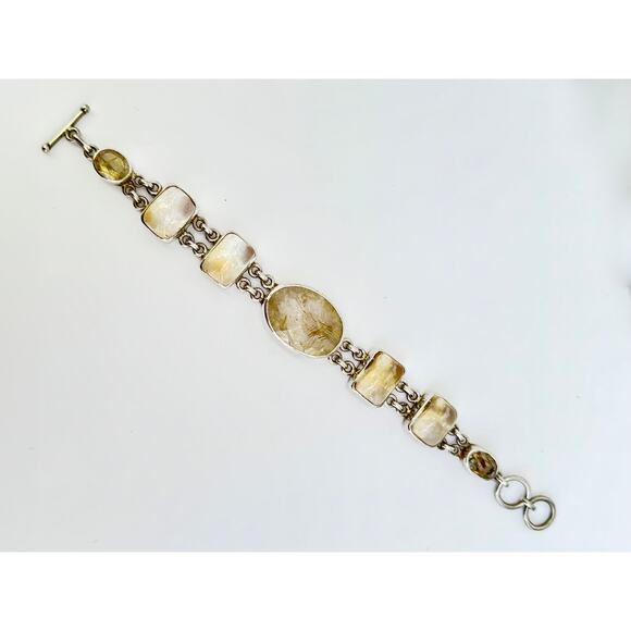 Golden Rutile Quartz Lemon Citrine Chain Link Sterling 925 Silver Bracelet - Picture 2 of 7